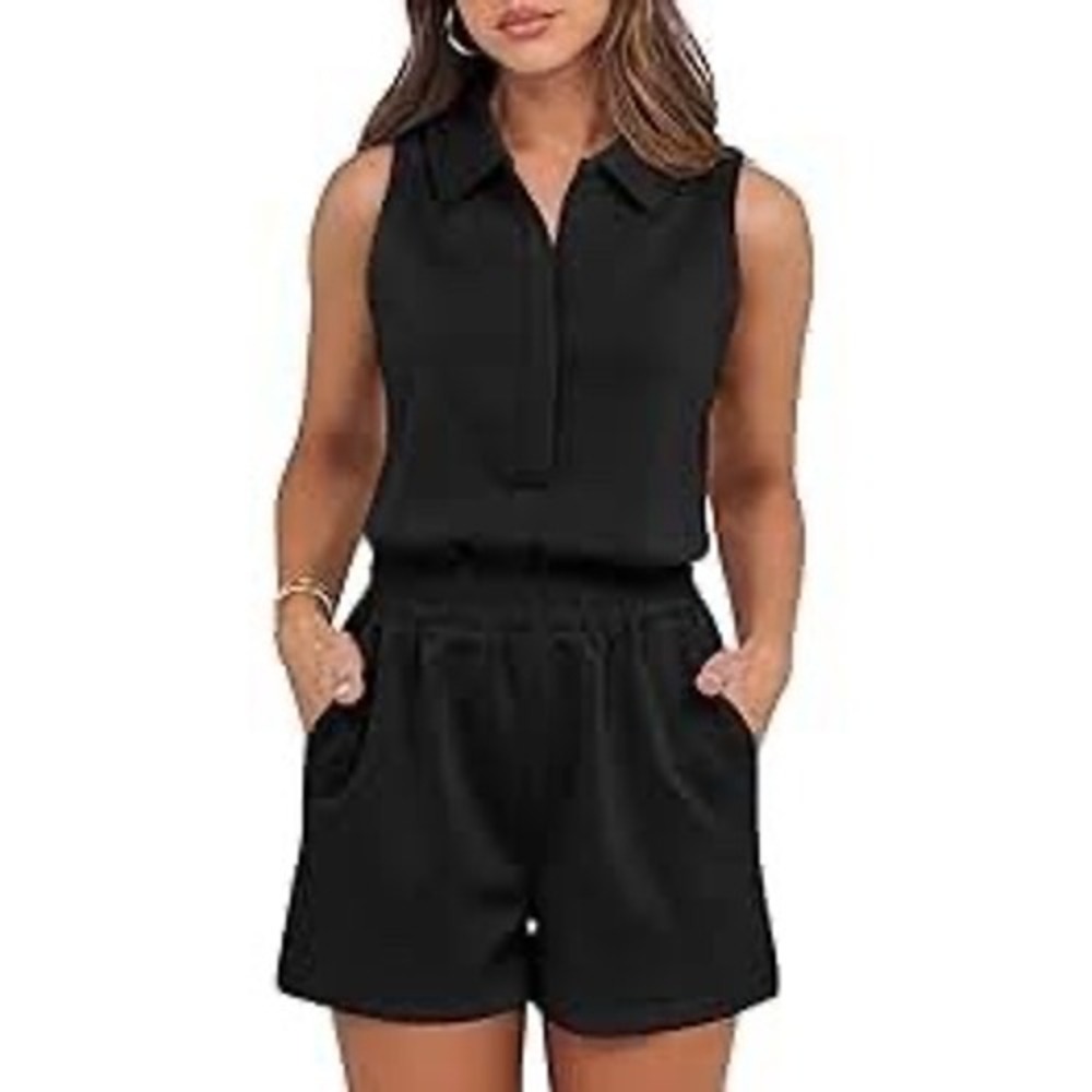 Black Sleeveless Polo Romper Elastic Waist Shorts Jumpsuit XL